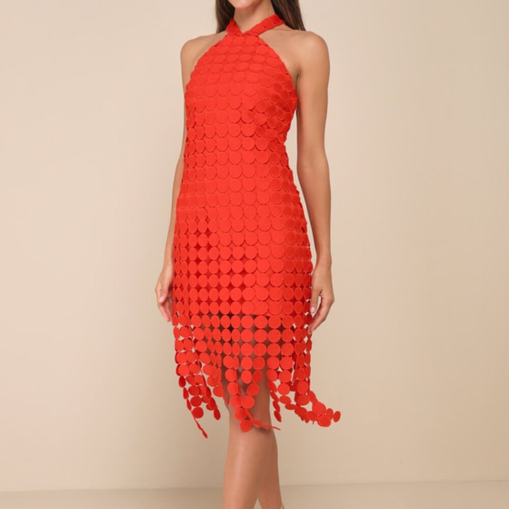 Flirtatious Fun Red 3D Dot Halter Fringe Midi Dress